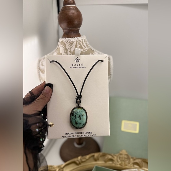 Atterri Adjustable  Cord Necklace with Oval Green Reconstituted Stone Pendant - Picture 1 of 8